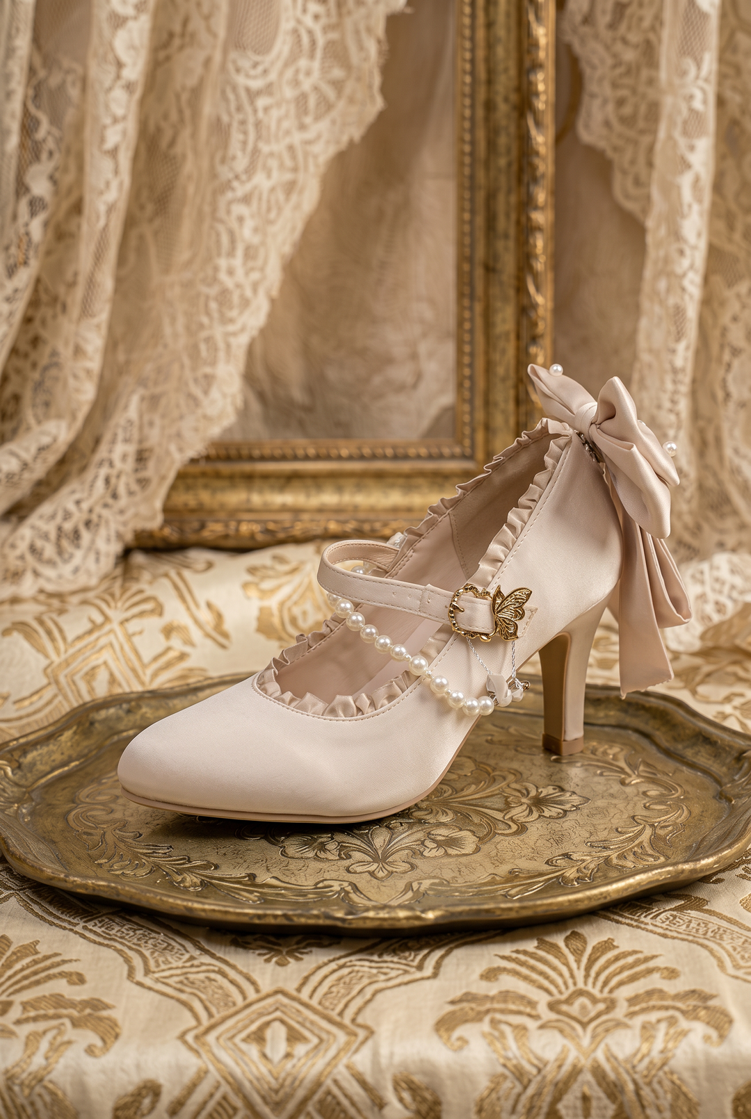 Handmade Vintage-Inspired Rococo Apricot Satin Mary Jane Heels with Pearl Trim and Bow Details