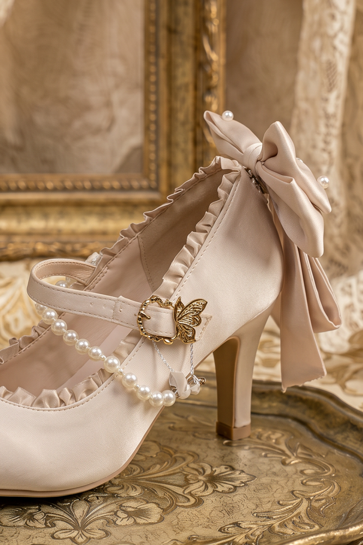 Handmade Vintage-Inspired Rococo Apricot Satin Mary Jane Heels with Pearl Trim and Bow Details