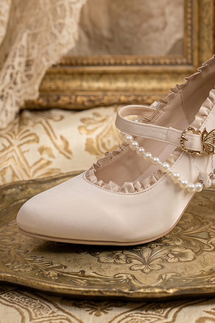 Handmade Vintage-Inspired Rococo Apricot Satin Mary Jane Heels with Pearl Trim and Bow Details