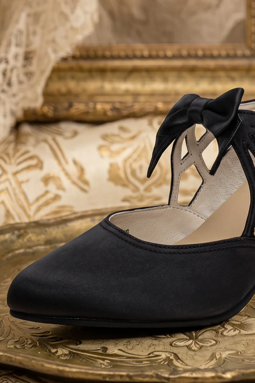 Handmade Gothic Vintage-Inspired Rococo Black Satin Bow Heels with Geometric Cutout Details