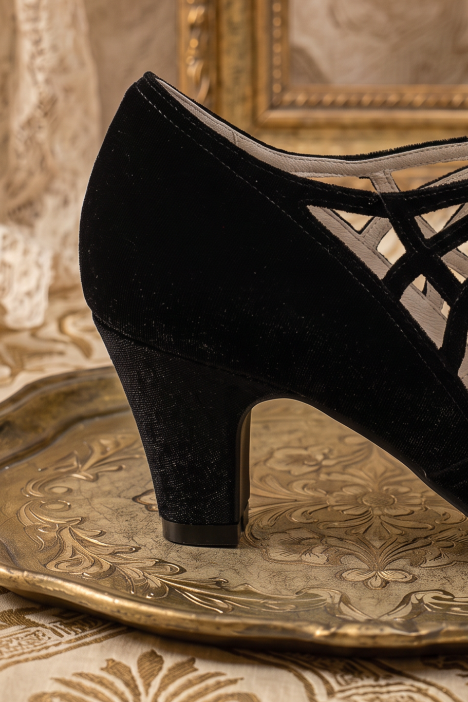 Handmade Gothic Vintage-Inspired Rococo Black Velvet Bow Heels with Cutout Details
