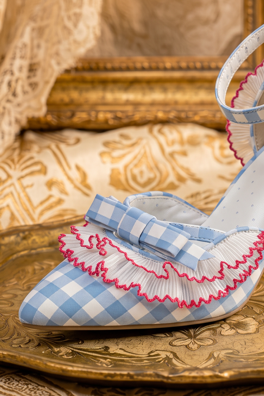 Handmade Vintage-Inspired Rococo Blue Gingham Ruffle Heels with Bow and Ankle Strap