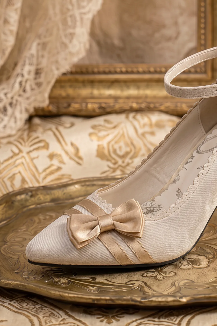 Handmade Vintage-Inspired Rococo Champagne Gold Satin Bow Heels with Ankle Strap