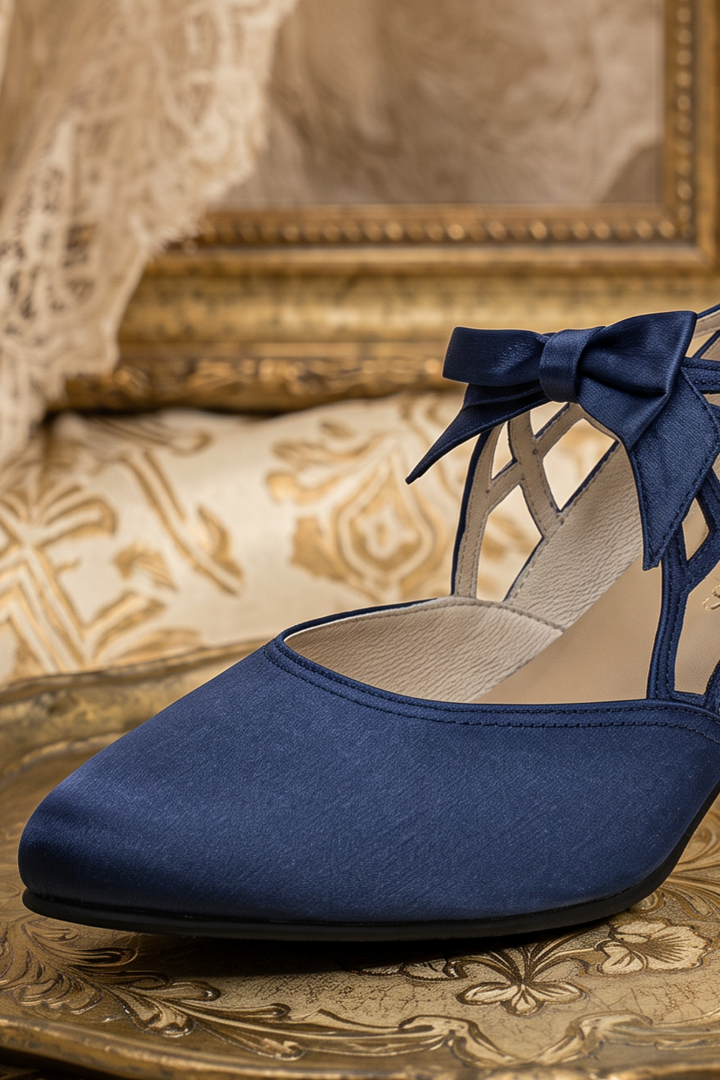 Handmade Gothic Vintage-Inspired Rococo Navy Blue Satin Bow Heels with Cutout Details