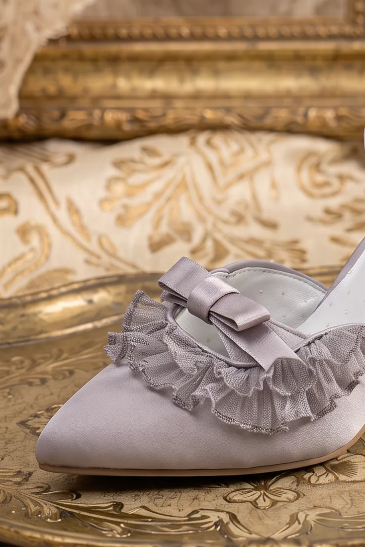 Handmade Vintage-Inspired Rococo Purple Satin Ruffle Heels with Bow and Ankle Strap