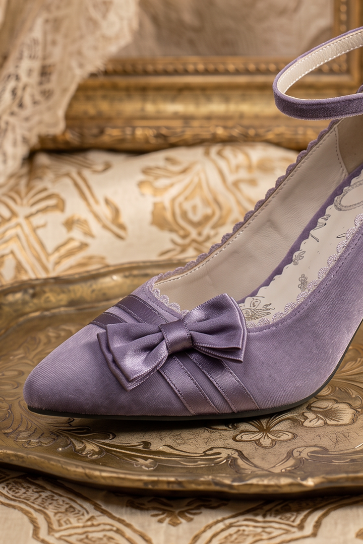 Handmade Vintage-Inspired Rococo Purple Velvet Bow Heels with Ankle Strap