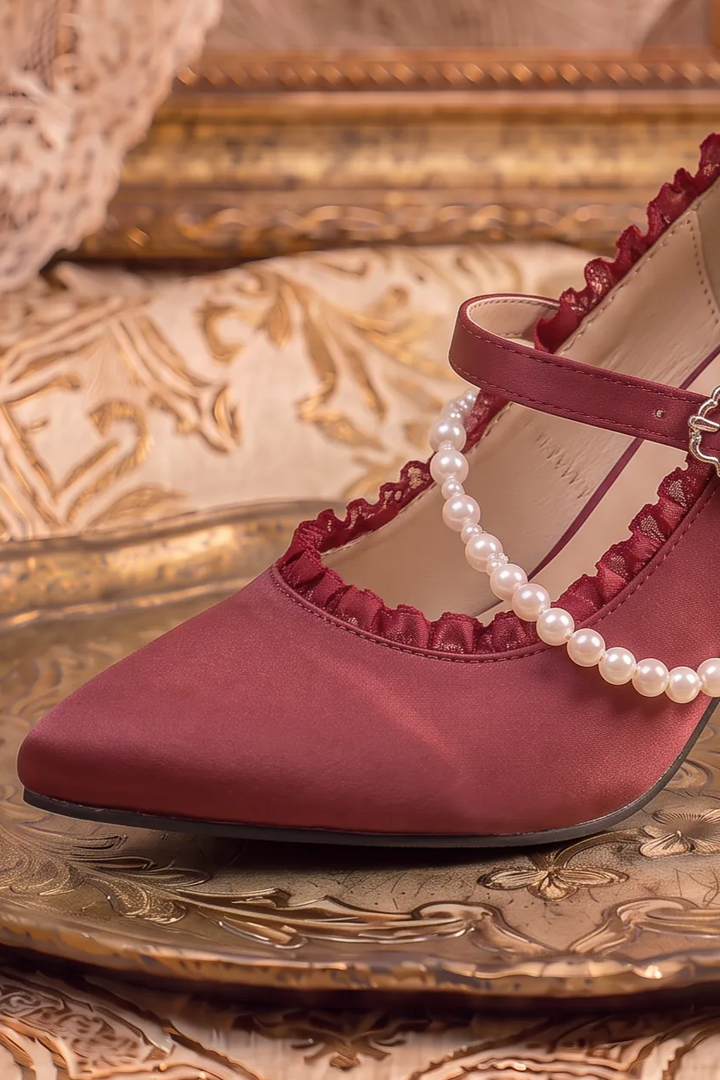 Handmade Vintage-Inspired Rococo Red Satin Mary Jane Heels with Pearl Trim and Butterfly Clasp