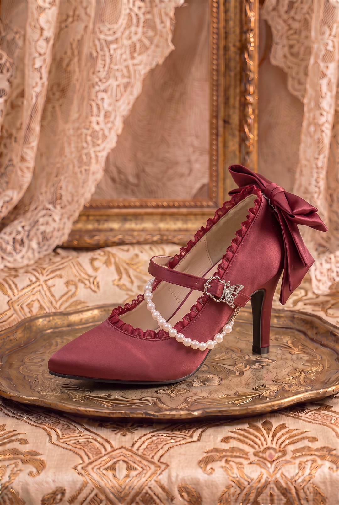Handmade Vintage-Inspired Rococo Red Satin Mary Jane Heels with Pearl Trim and Butterfly Clasp
