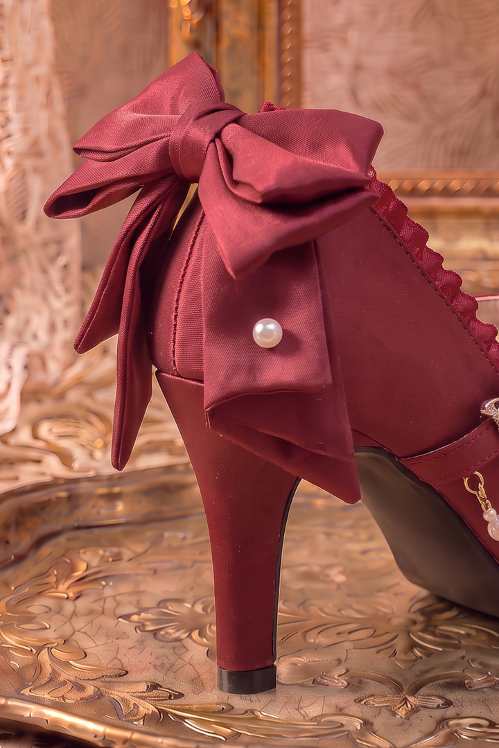 Handmade Vintage-Inspired Rococo Red Satin Mary Jane Heels with Pearl Trim and Butterfly Clasp