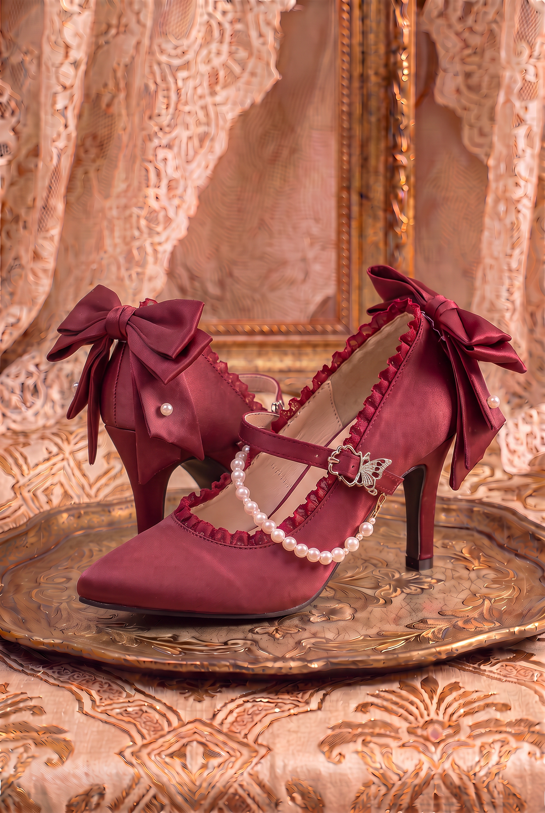 Handmade Vintage-Inspired Rococo Red Satin Mary Jane Heels with Pearl Trim and Butterfly Clasp