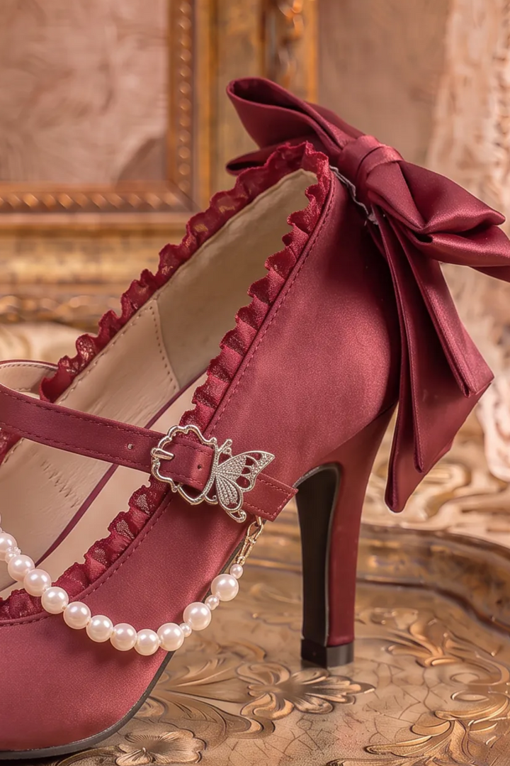 Handmade Vintage-Inspired Rococo Red Satin Mary Jane Heels with Pearl Trim and Butterfly Clasp