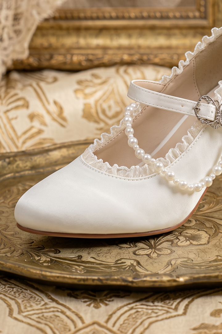 Handmade Vintage-Inspired Rococo White Satin Mary Jane Heels with Pearl Garland and Butterfly Clasp