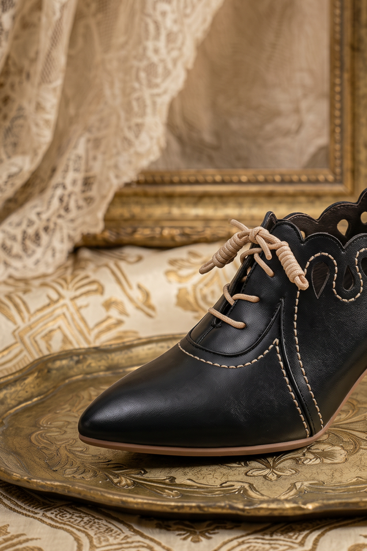 Handmade Vintage-Inspired Victorian Black Brogue Lace-Up Heels