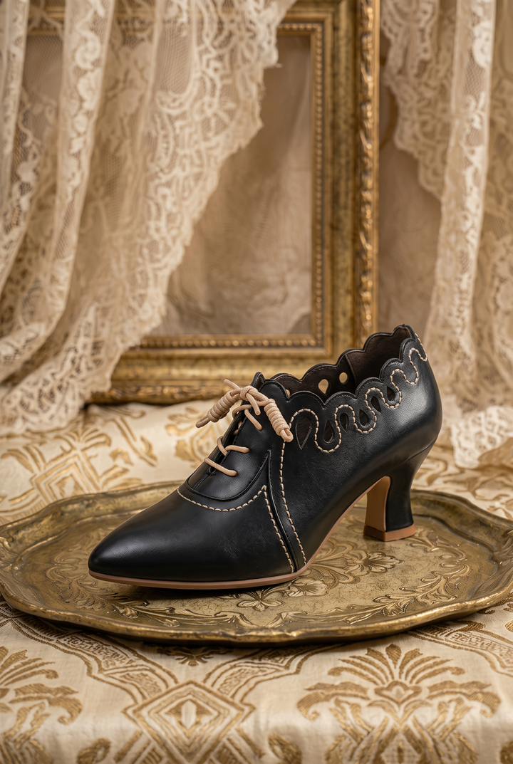 Handmade Vintage-Inspired Victorian Black Brogue Lace-Up Heels