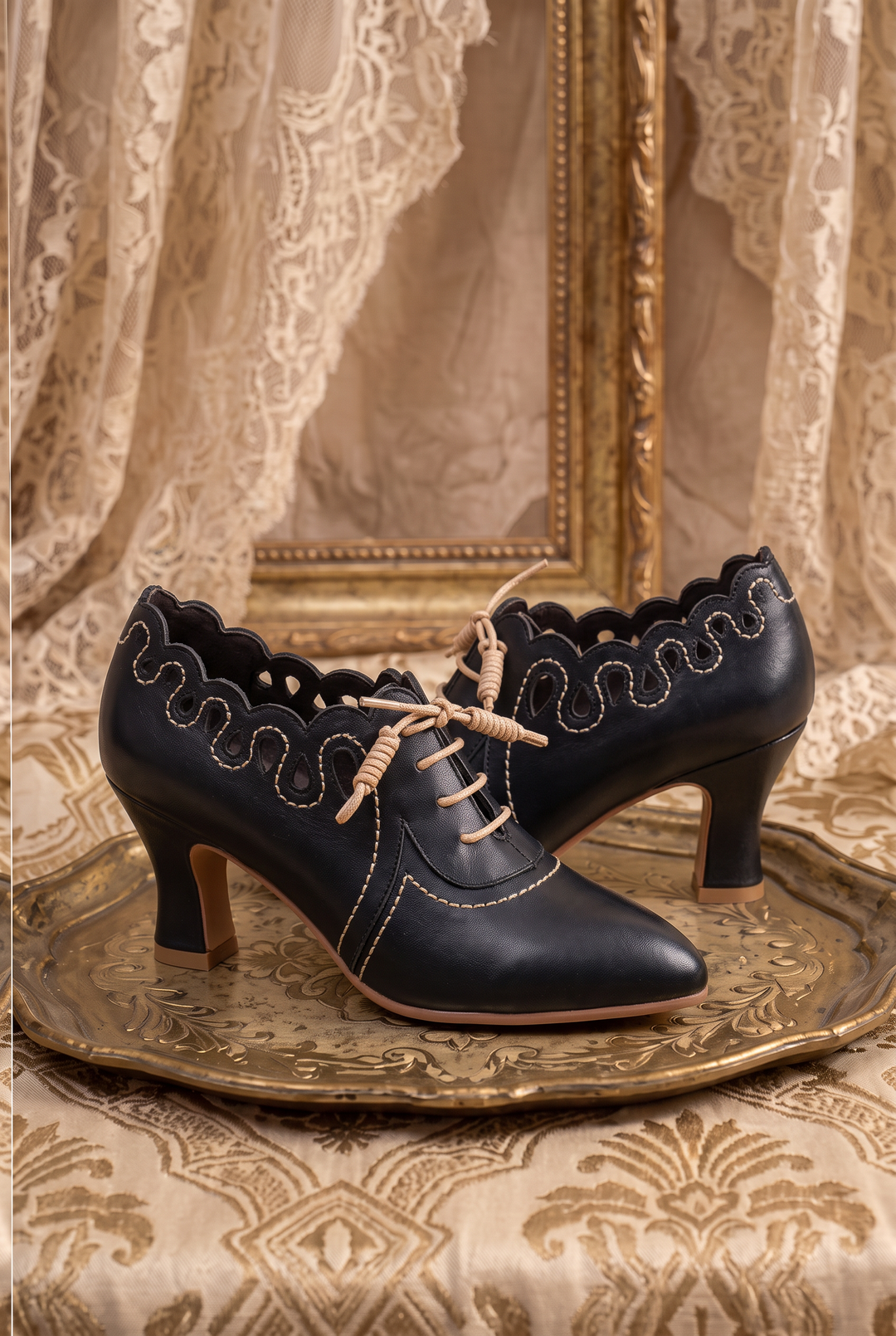 Handmade Vintage-Inspired Victorian Black Brogue Lace-Up Heels