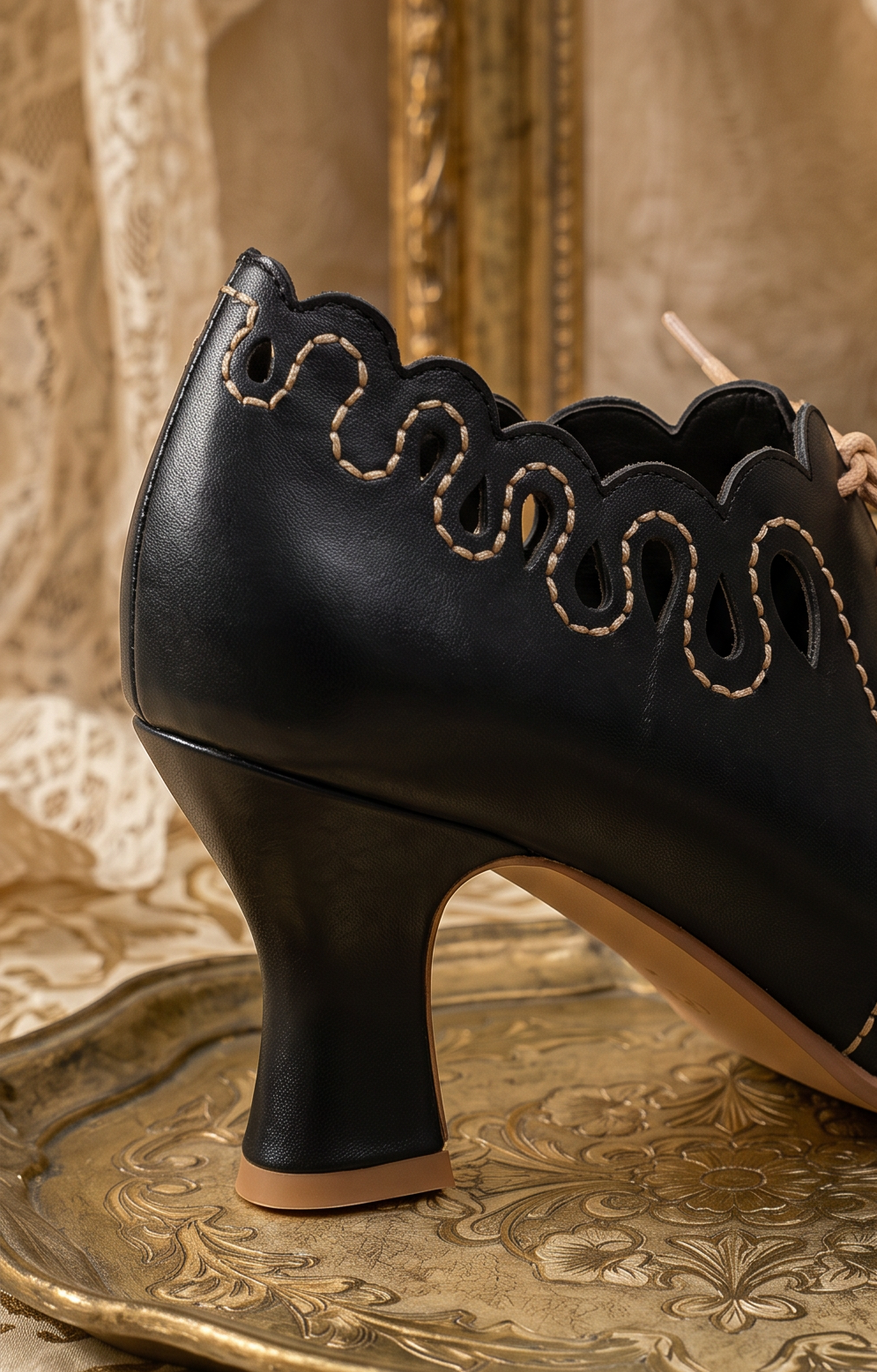 Handmade Vintage-Inspired Victorian Black Brogue Lace-Up Heels