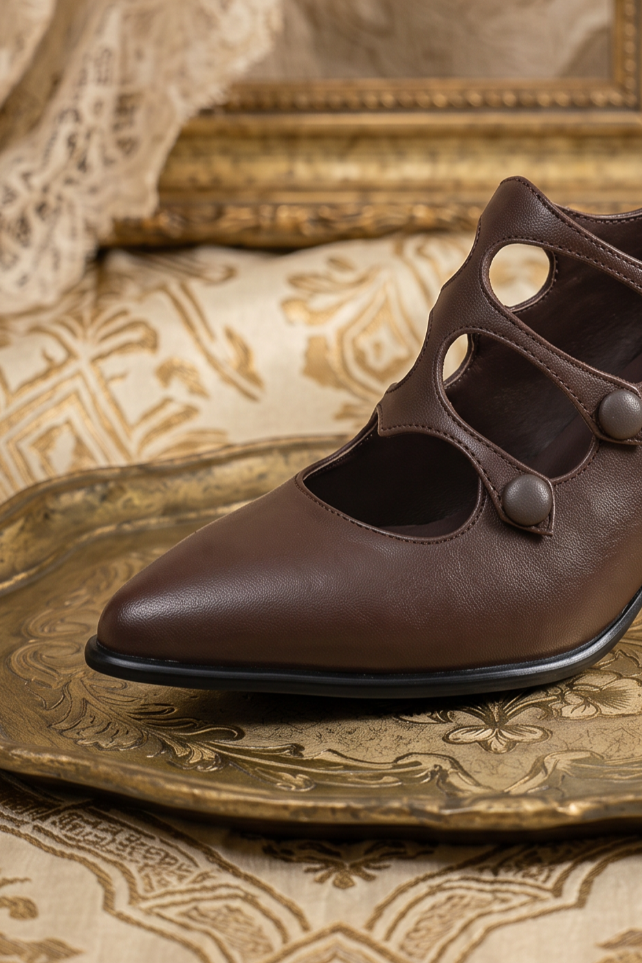 Handmade Vintage-Inspired Victorian Brown Cutout Mary Jane Heels