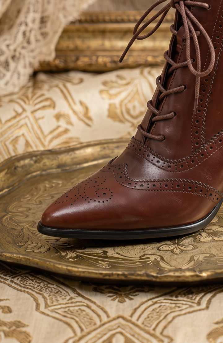 Handmade Vintage-Inspired Victorian French Brown Brogue Lace-Up Ankle Boots