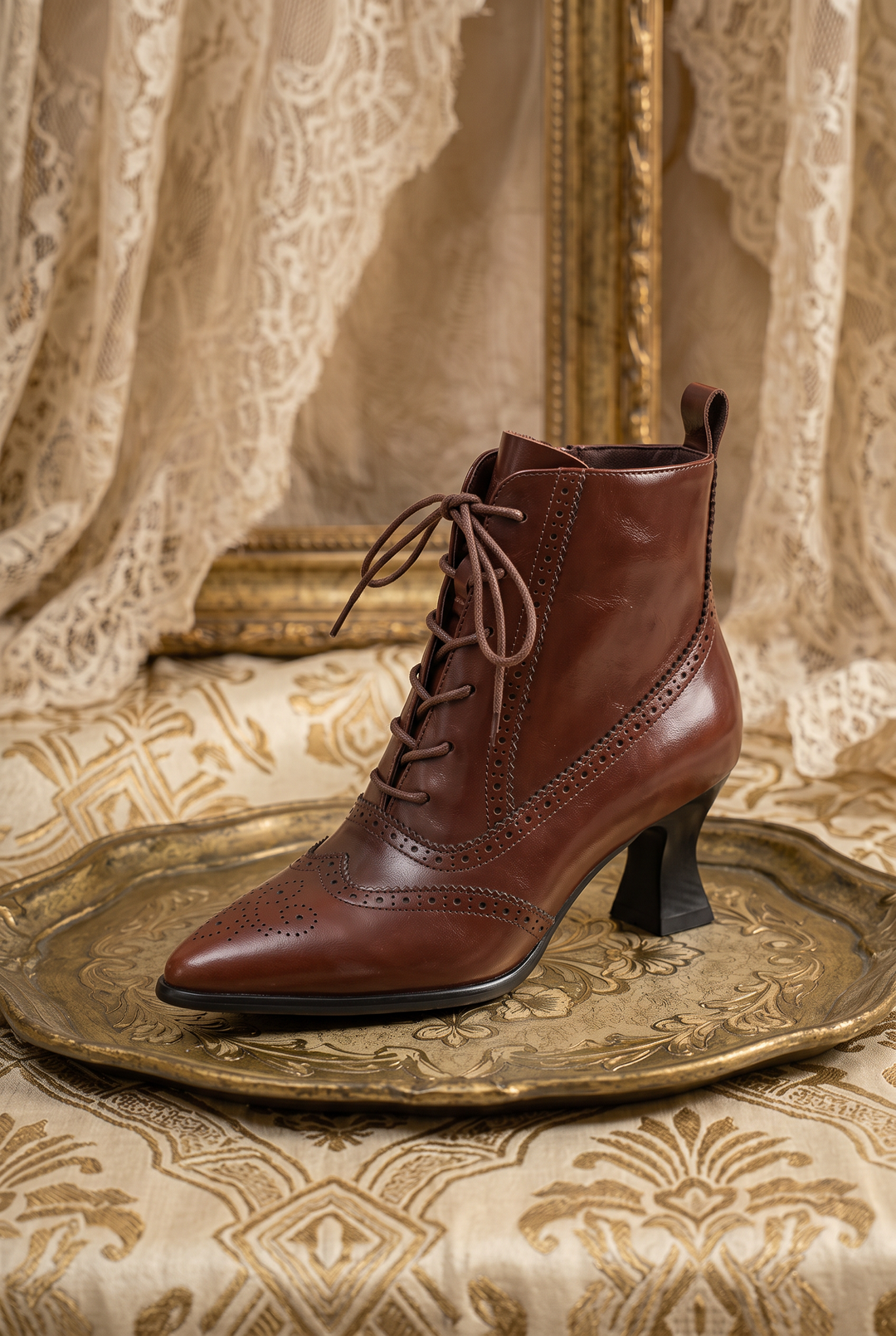 Handmade Vintage-Inspired Victorian French Brown Brogue Lace-Up Ankle Boots