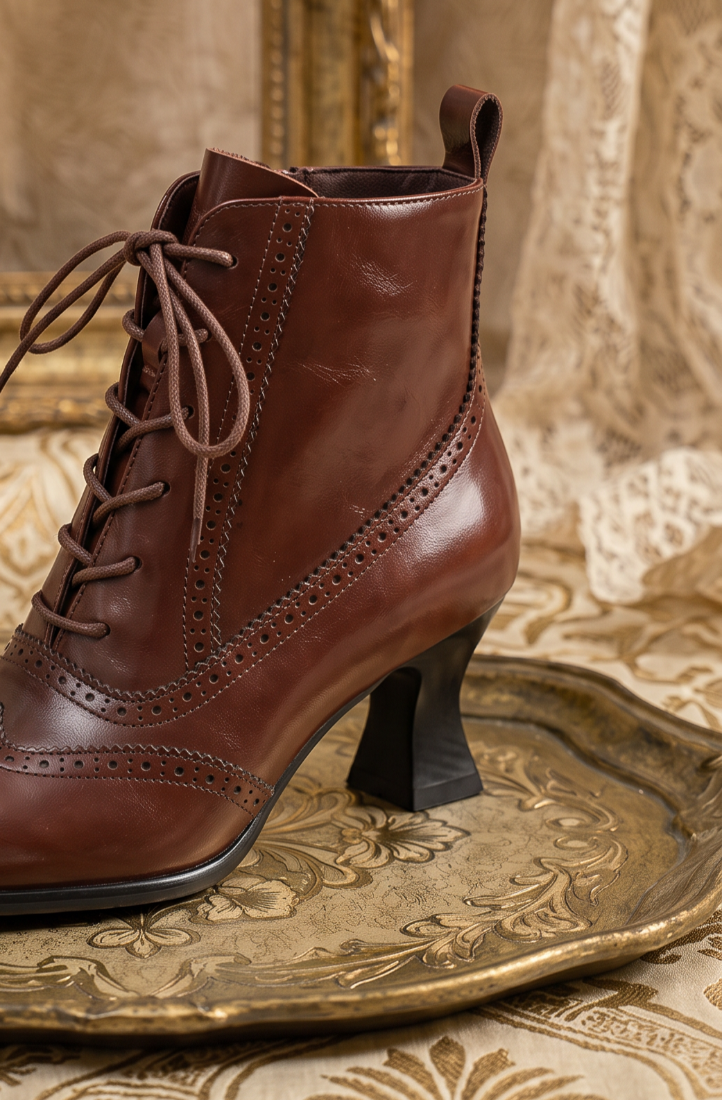 Handmade Vintage-Inspired Victorian French Brown Brogue Lace-Up Ankle Boots