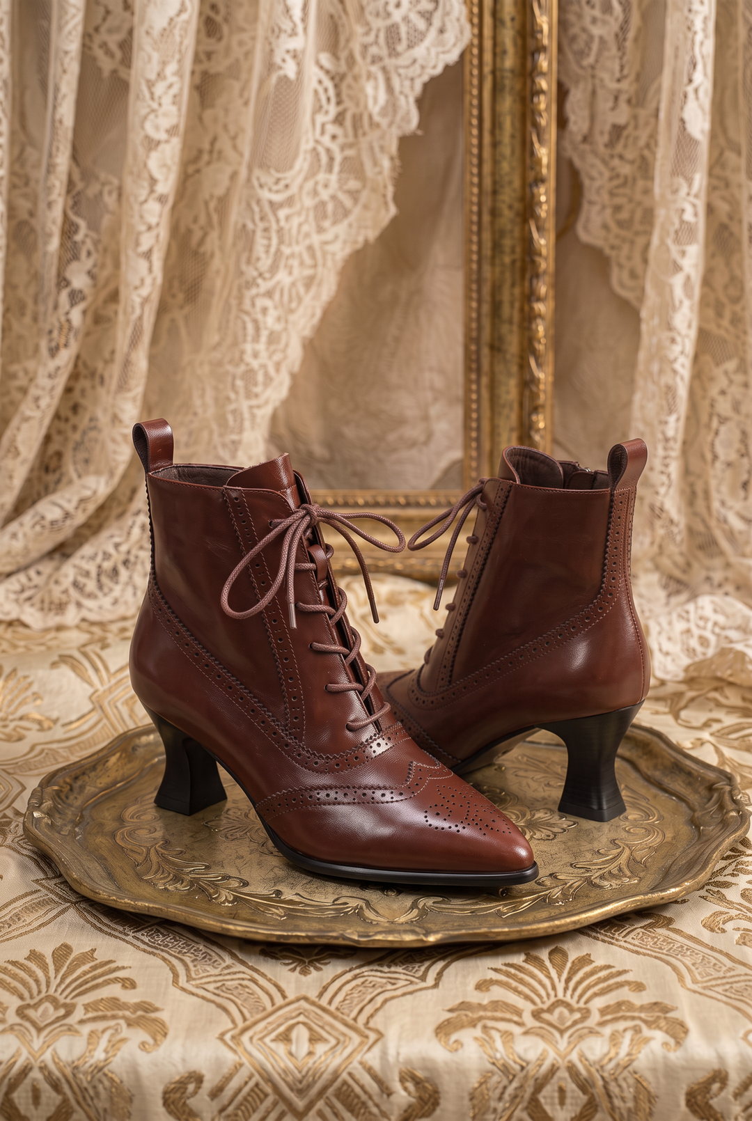 Handmade Vintage-Inspired Victorian French Brown Brogue Lace-Up Ankle Boots