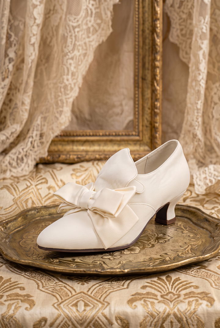 Handmade Regency Cream Lambskin Leather Low Heels with Bow