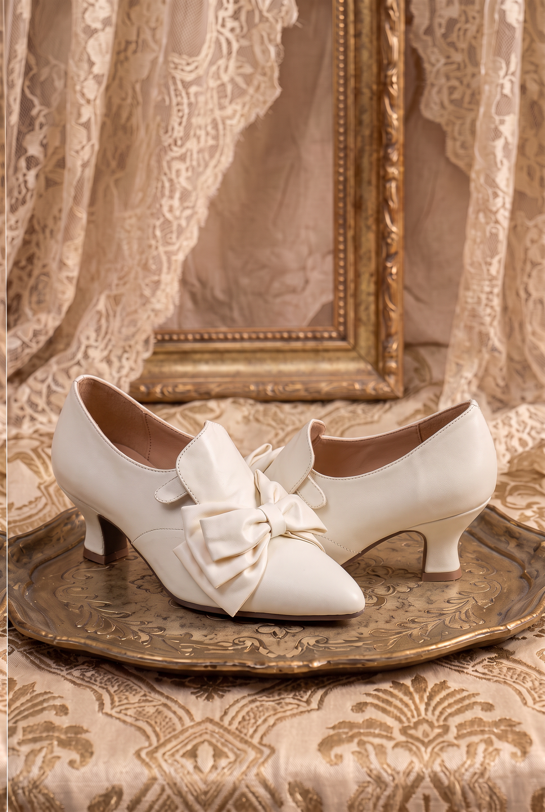 Handmade Regency Cream Lambskin Leather Low Heels with Bow