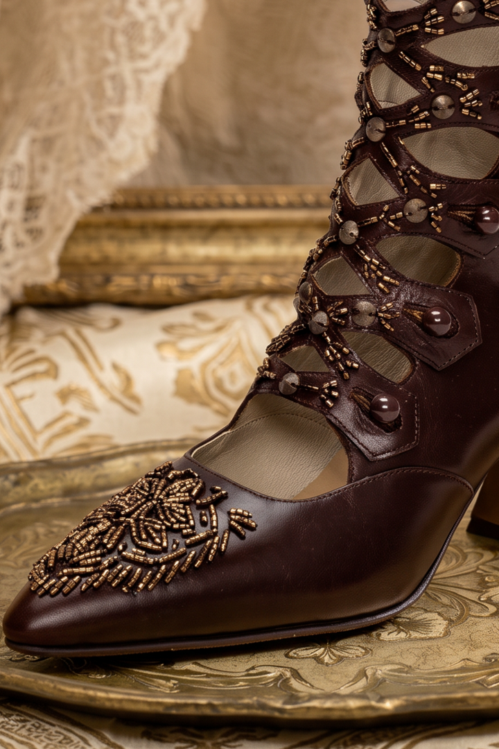 Handmade Victorian Brown Oil-Waxed Cowhide Leather Cutout Mid-Calf Boots with Beaded Embroidery