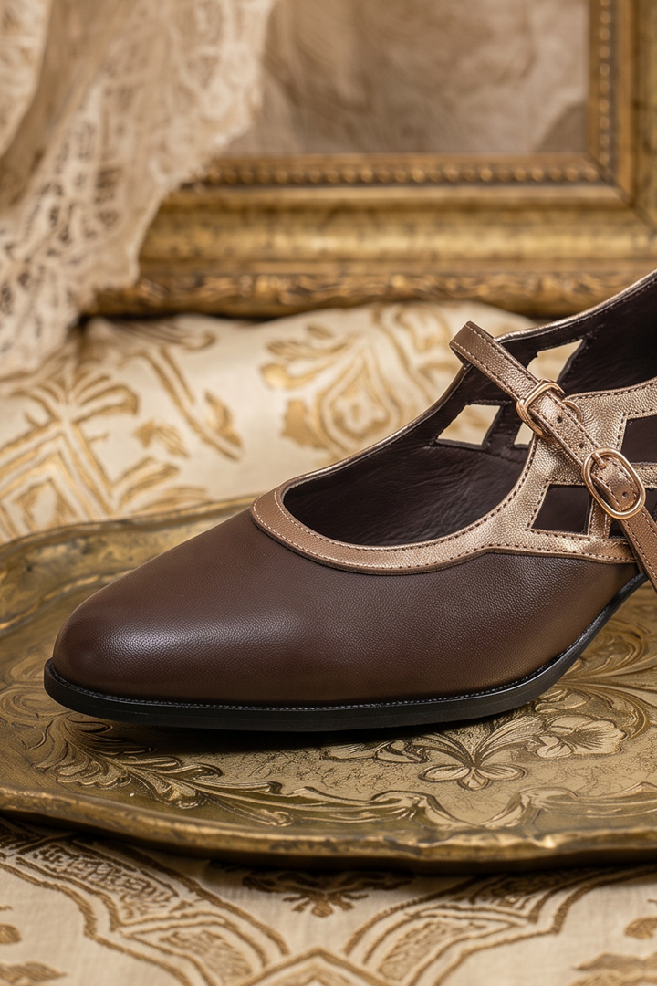 Handmade Vintage-Inspired French Victorian Brown Leather Cutout Mary Jane Heels