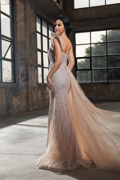 Luxurious Turq Sequin Evening Gown with One Shoulder and Slit - Pretty Sequin Dress andDesigner Sequin Gown Plus Size