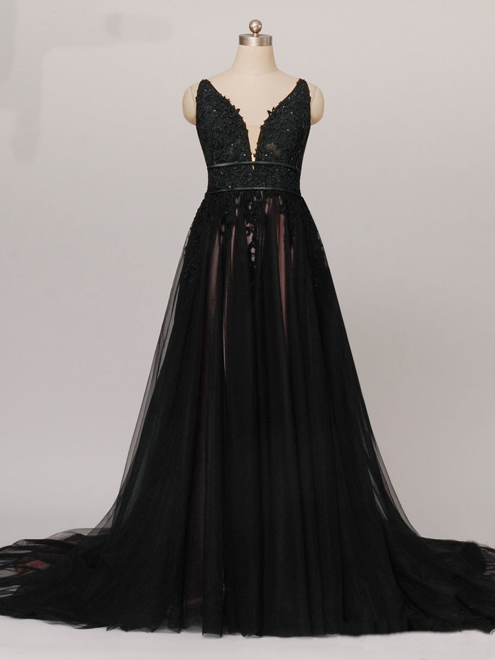 Gothic Black Lace A-Line Wedding Dress with V-Neck - Aline Ball Gown Wedding Dress with Sheer Train Plus Size