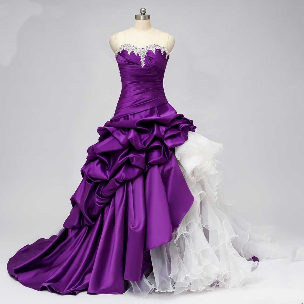 Gothic Purple Satin Ball Gown Wedding Dress with Ruffled Skirt - Strapless Sweetheart Neckline Gothic Wedding Dress with Corset Back Plus Size Size Gothic Purple Satin Ball Gown Wedding Dress with Ruffled Skirt - Strapless Sweetheart Neckline Gothic Wedding Dress with Corset Back Plus Size Size
