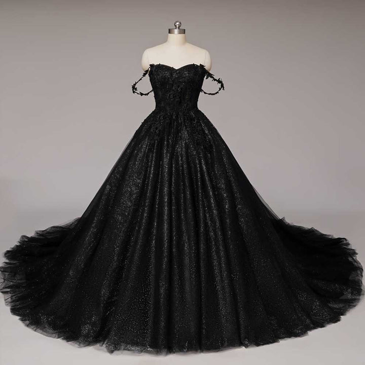 Gothic Black Glitter Ball Gown Wedding Dress - Off the Shoulder Wedding Dress - Sweetheart Neckline Wedding Dress with Long Train Plus Size