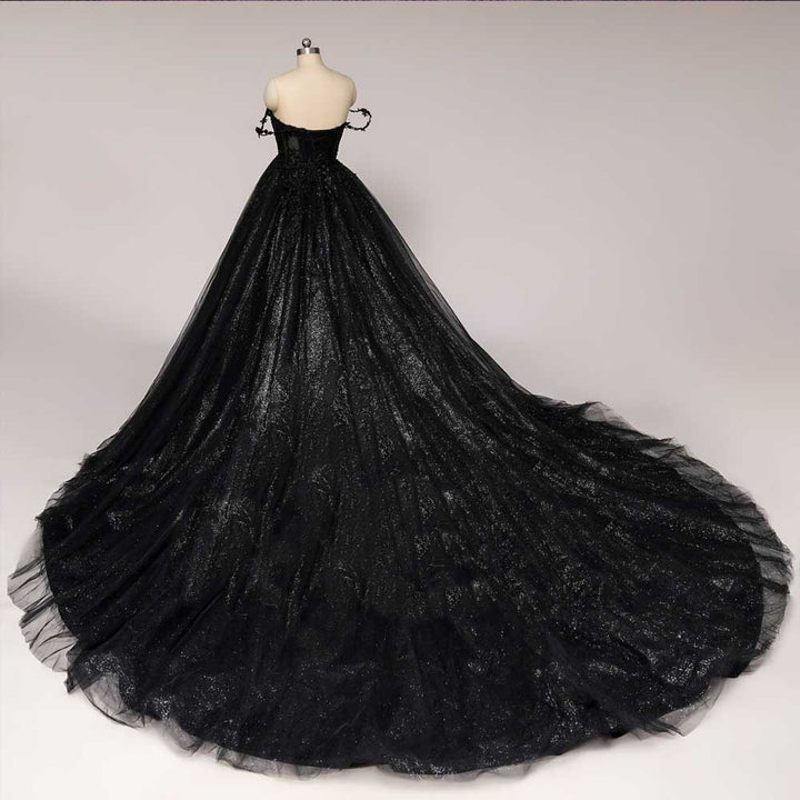 Gothic Black Glitter Ball Gown Wedding Dress - Off the Shoulder Wedding Dress - Sweetheart Neckline Wedding Dress with Long Train Plus Size