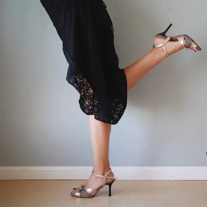 Whispers of Bronze – Handmade Leather Tango Heels with Patterned Contrast