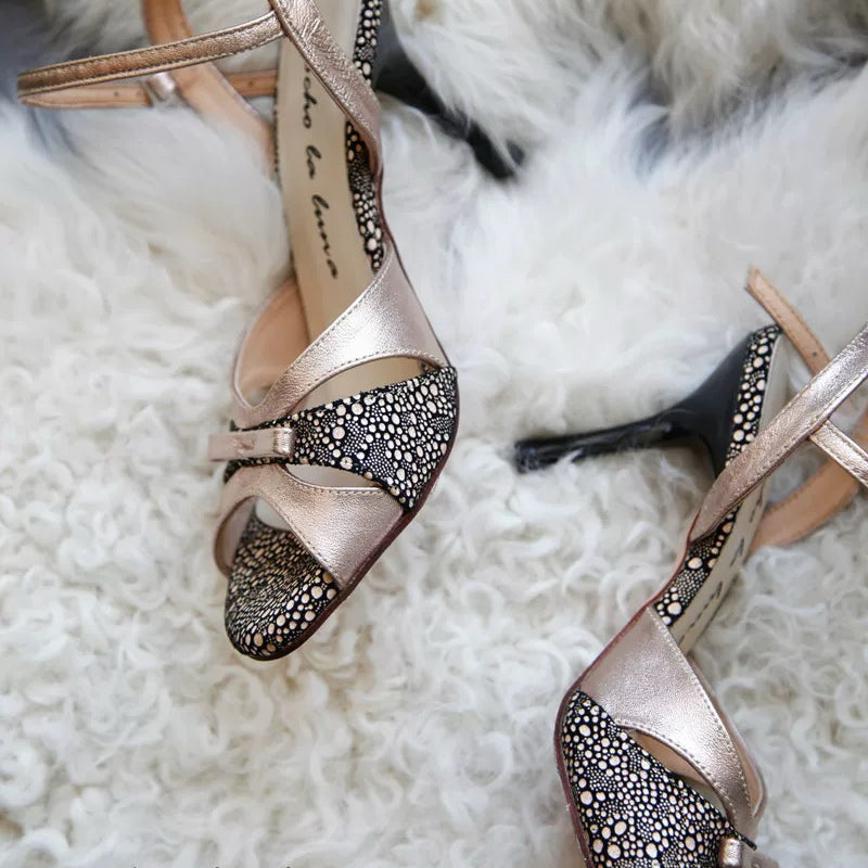 Whispers of Bronze – Handmade Leather Tango Heels with Patterned Contrast