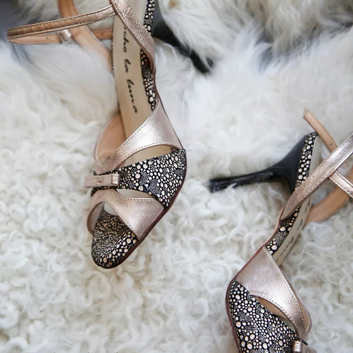 Whispers of Bronze – Handmade Leather Tango Heels with Patterned Contrast