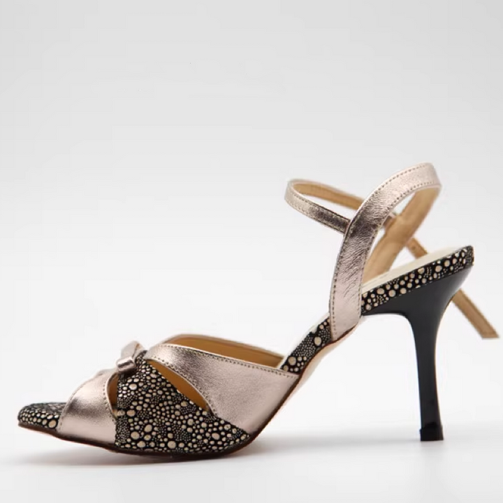 Whispers of Bronze – Handmade Leather Tango Heels with Patterned Contrast