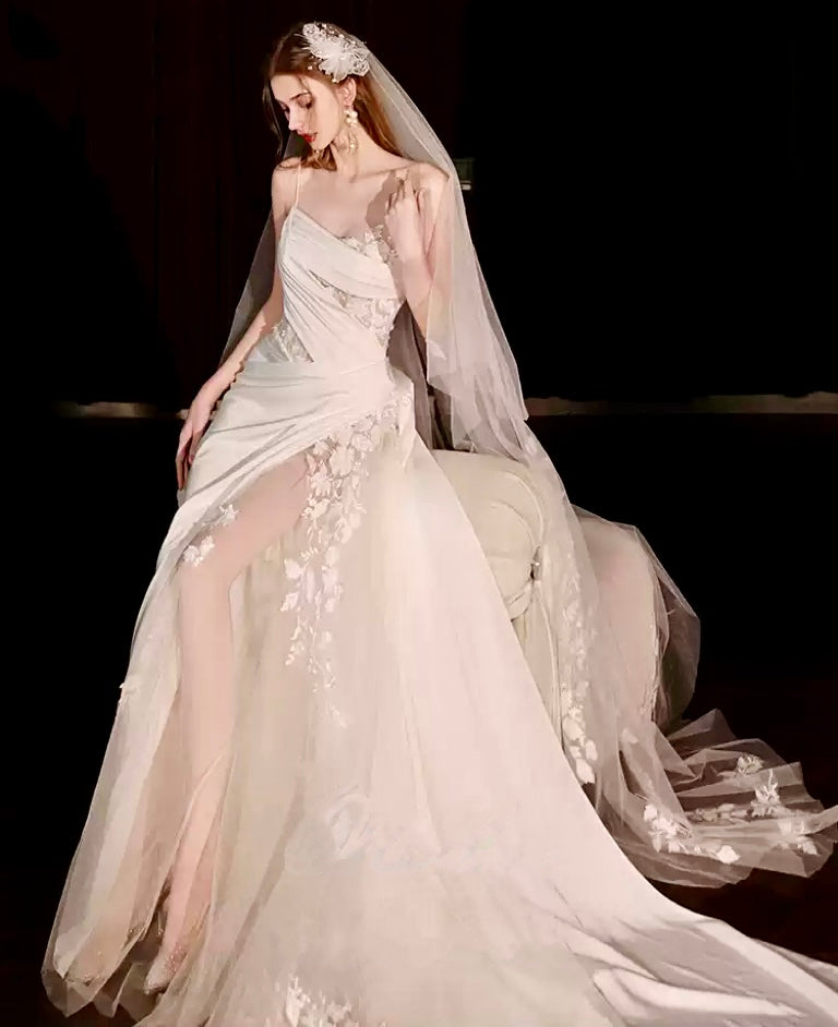 Ivory Spaghetti Strap Evening Dress with Draped Satin – Satin Evening Dress with Floral Lace Appliqué Plus Size