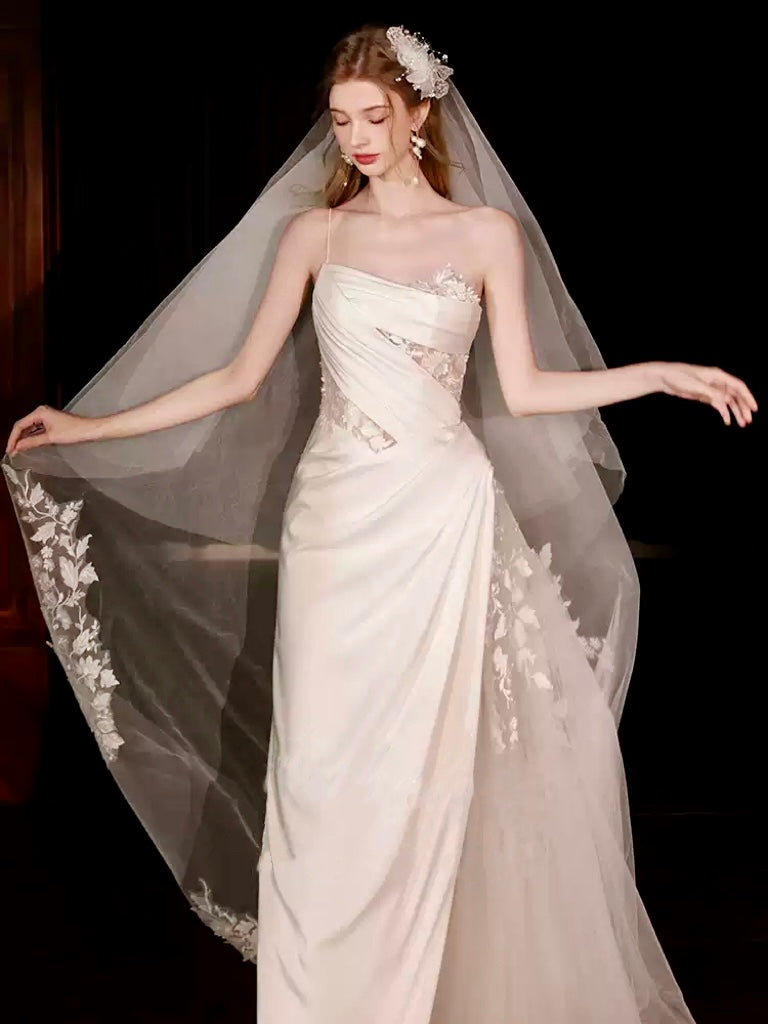 Ivory Spaghetti Strap Evening Dress with Draped Satin – Satin Evening Dress with Floral Lace Appliqué Plus Size