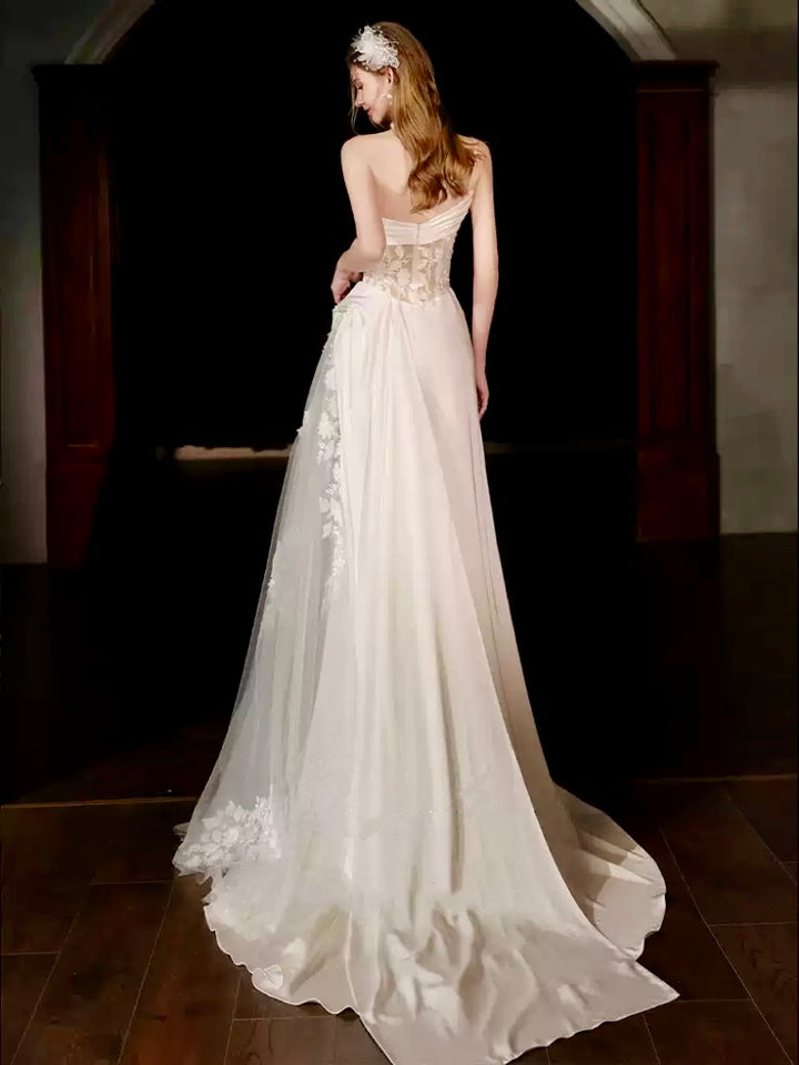 Ivory Spaghetti Strap Evening Dress with Draped Satin – Satin Evening Dress with Floral Lace Appliqué Plus Size