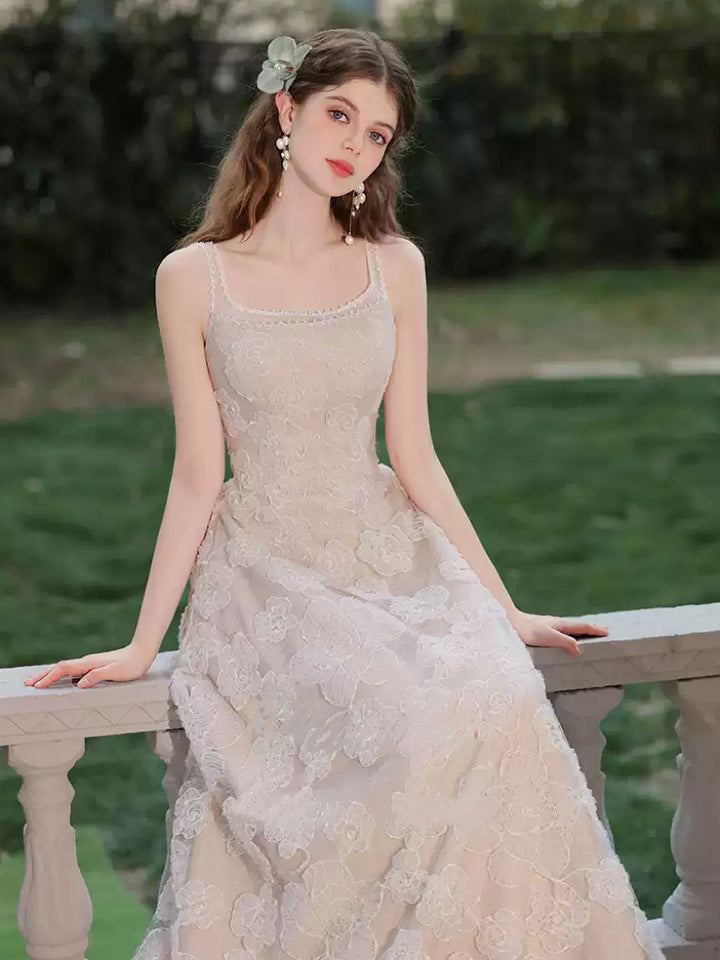 Nude Spaghetti Strap Evening Dress with Tulle – Lace Evening Dress with Floral Embroidery Plus Size