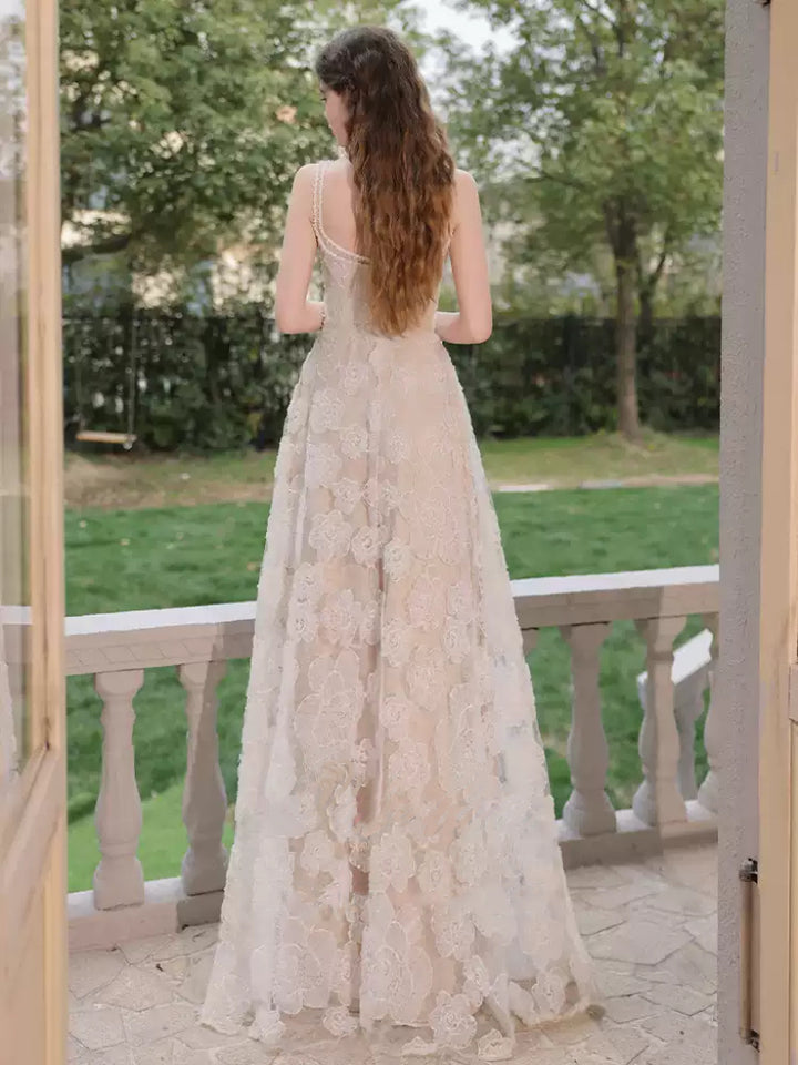 Nude Spaghetti Strap Evening Dress with Tulle – Lace Evening Dress with Floral Embroidery Plus Size