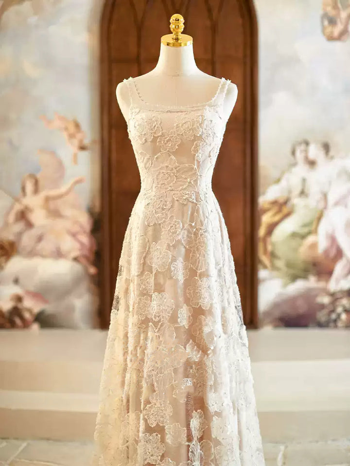 Nude Spaghetti Strap Evening Dress with Tulle – Lace Evening Dress with Floral Embroidery Plus Size