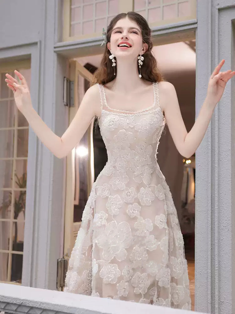 Nude Spaghetti Strap Evening Dress with Tulle – Lace Evening Dress with Floral Embroidery Plus Size