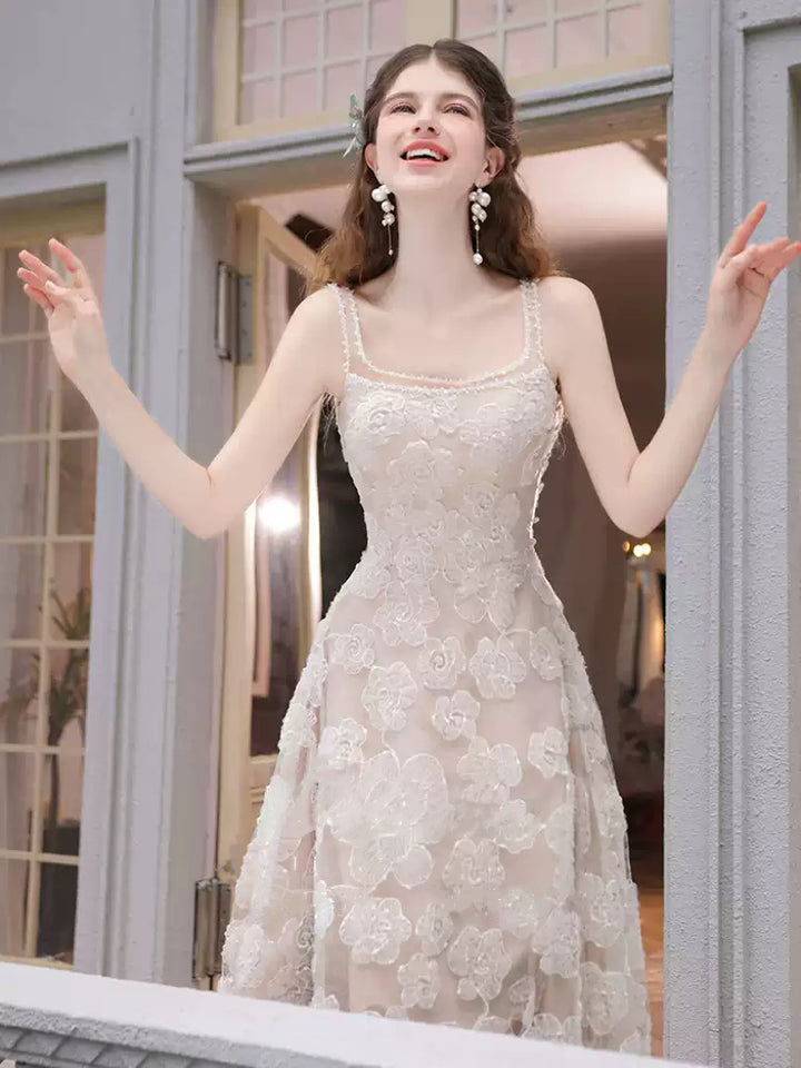 Nude Spaghetti Strap Evening Dress with Tulle – Lace Evening Dress with Floral Embroidery Plus Size
