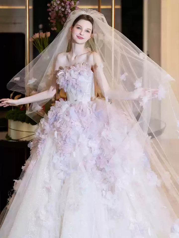 Purple Strapless Wedding Dress - Sequin Wedding Dress - 3D Floral Wedding Dress with Glitter Tulle Skirt Plus Size
