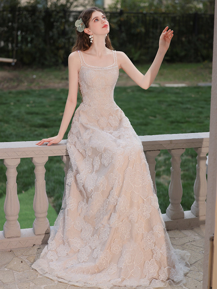 Nude Spaghetti Strap Evening Dress with Tulle – Lace Evening Dress with Floral Embroidery Plus Size
