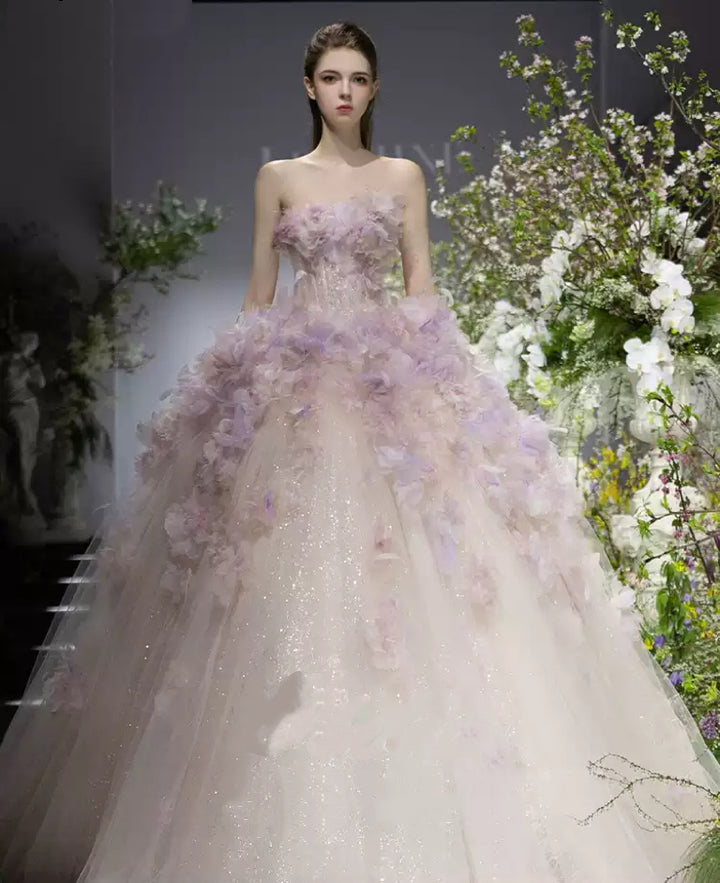 Purple Strapless Wedding Dress - Sequin Wedding Dress - 3D Floral Wedding Dress with Glitter Tulle Skirt Plus Size