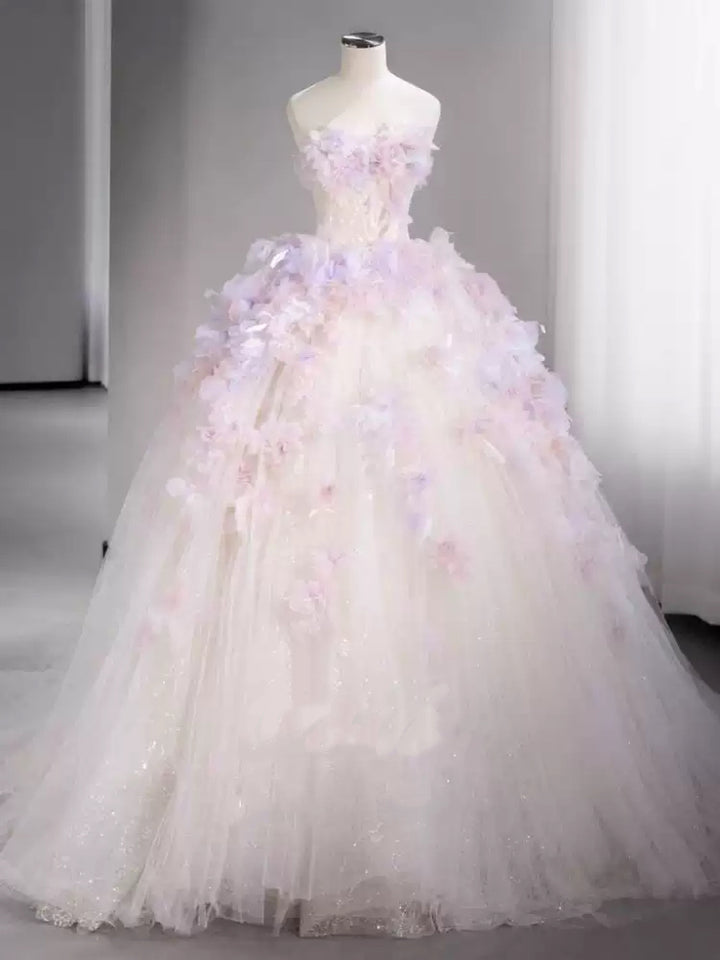 Purple Strapless Wedding Dress - Sequin Wedding Dress - 3D Floral Wedding Dress with Glitter Tulle Skirt Plus Size